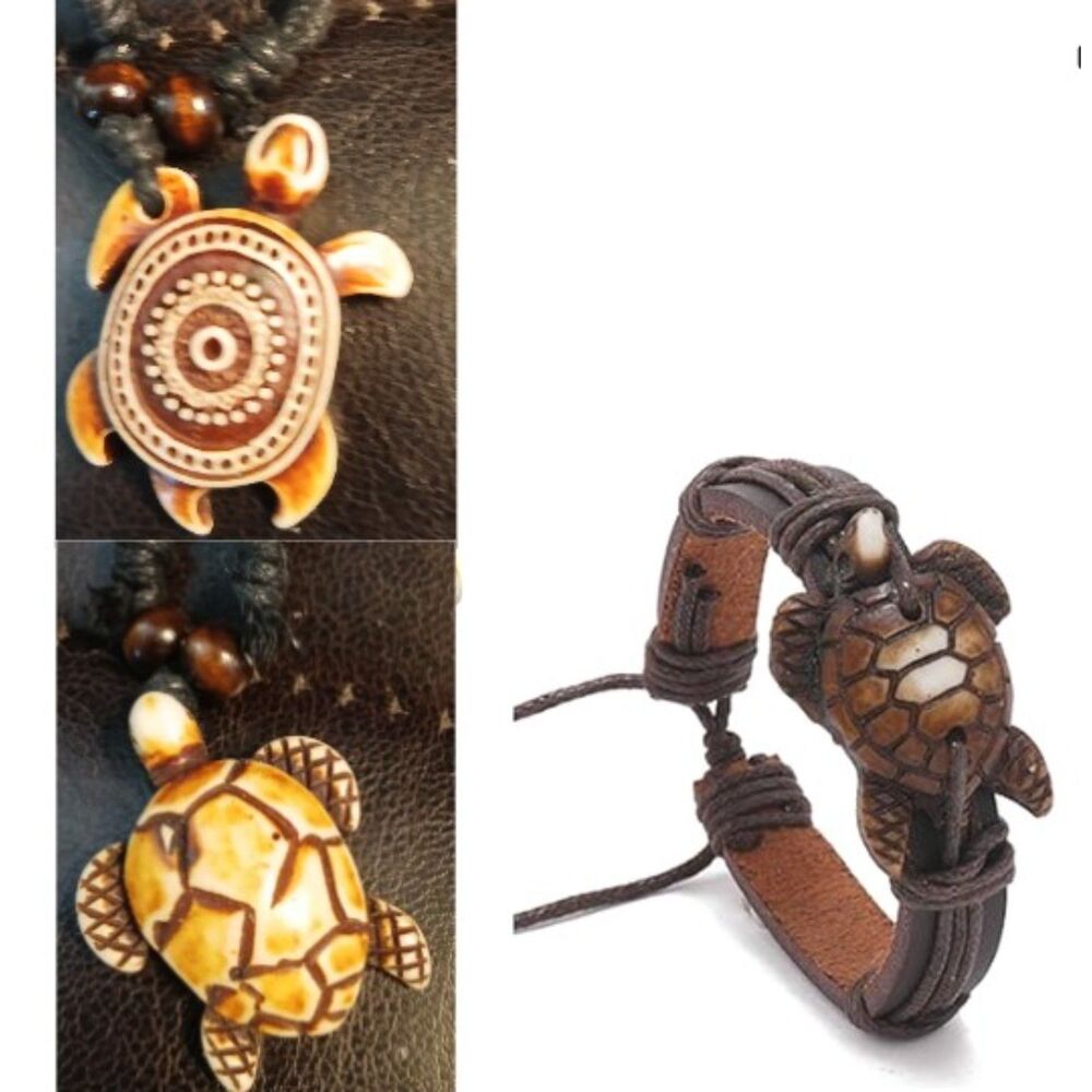 3 Turtles - 1 Turtle Pleather Bracelet, 2 Turtle Necklaces Men or Women